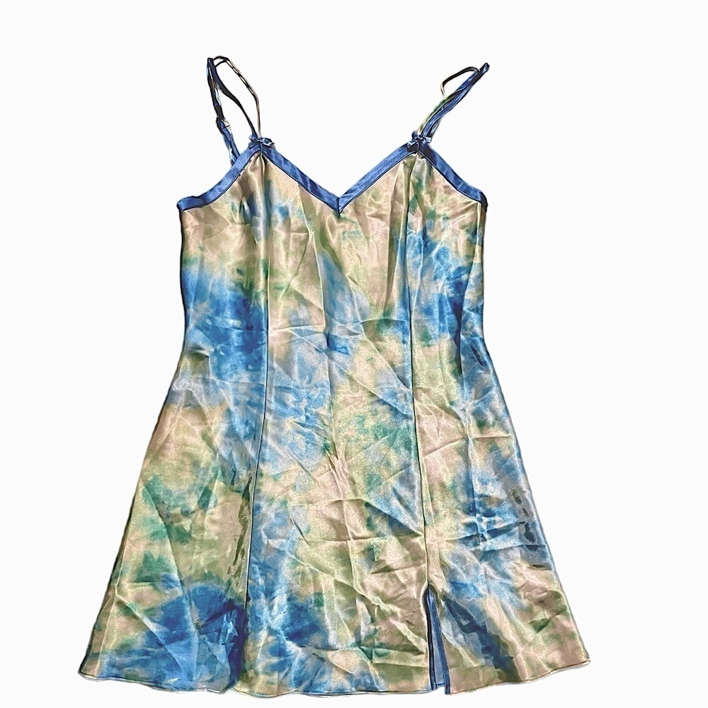 Delicates Womans Tie Dye Green/Blue Satin Bow Lingerie Chemise slip dress